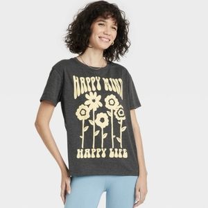 Modern Lux Happy Mind Happy Life Floral Grey and Yellow Short Sleeve Tee